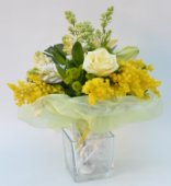BOUQUET OF MIMOSA AND WHITE ROSES