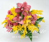Glass with Cymbidium and mimosa
