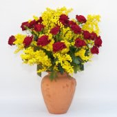 Vaso di rose rosse e mimosa.